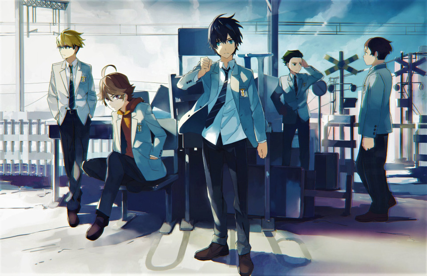 5boys ahoge bangs belt black_belt black_pants blazer blonde_hair blue_sky brown_footwear brown_hair city cityscape clenched_hand clouds cloudy_sky collared_shirt commentary_request darling_in_the_franxx day futoshi_(darling_in_the_franxx) glasses gorou_(darling_in_the_franxx) green_blazer hand_on_hip hand_on_own_wrist hand_up hands_on_hips highres hiro_(darling_in_the_franxx) hood hoodie jacket leg_up long_sleeves looking_at_viewer looking_to_the_side male_focus mitsuru_(darling_in_the_franxx) multiple_boys orange_hoodie pants railroad_crossing school_uniform shirt shoes sitting sky striped striped_neckwear takerusilt white_shirt wing_collar zorome_(darling_in_the_franxx)