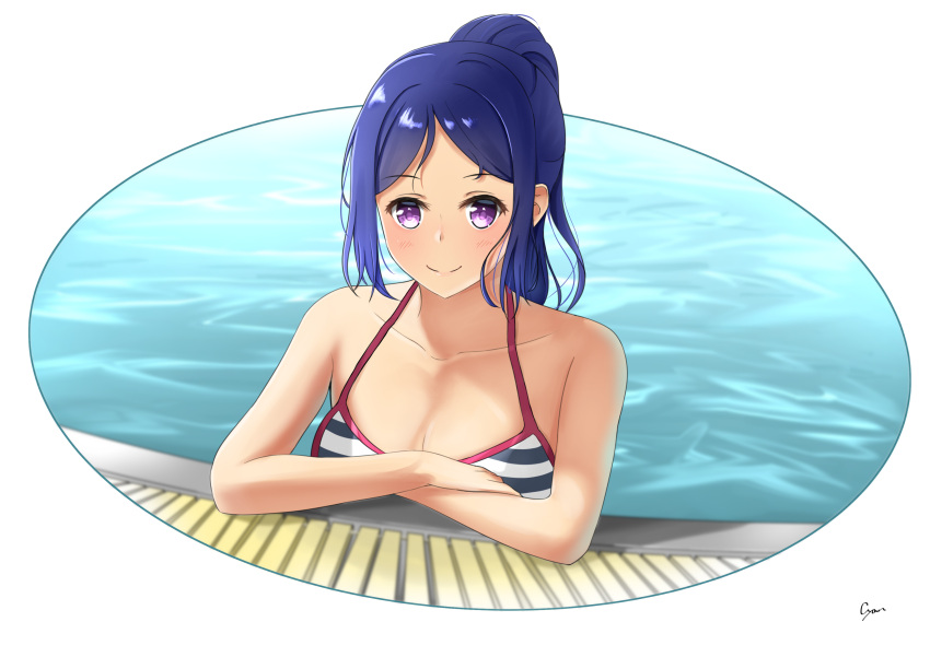 1girl absurdres bangs blue_hair blush breasts cleavage collarbone cyan_328 high_heels highres long_hair love_live! love_live!_sunshine!! matsuura_kanan medium_breasts parted_bangs pool shiny shiny_hair smile solo striped_bikini_top upper_body violet_eyes water