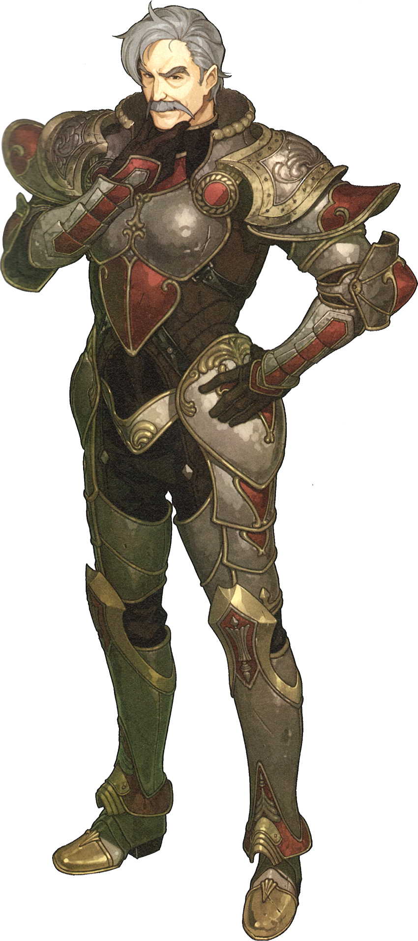 1boy absurdres armored_boots boots brown_eyes facial_hair fire_emblem fire_emblem_echoes:_mou_hitori_no_eiyuuou full_body gloves grey_hair hidari_(left_side) highres male_focus mustache mycen_(fire_emblem) official_art scan solo transparent_background