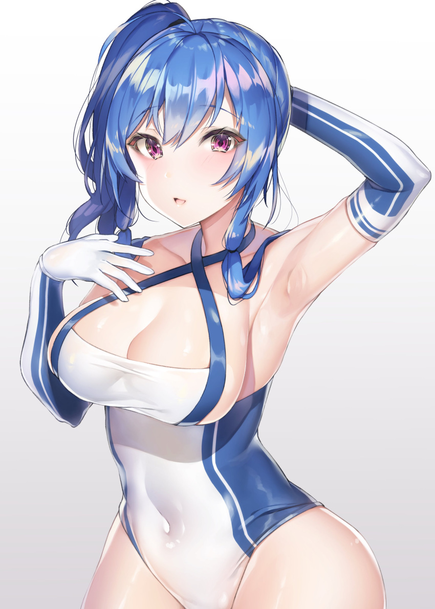 1girl absurdres ahoge arm_behind_head arm_up armpits azur_lane bangs bare_shoulders blue_hair blush breasts cleavage collarbone covered_navel elbow_gloves gloves hair_between_eyes halterneck highres hips large_breasts long_hair looking_at_viewer one-piece_swimsuit open_mouth ponytail side_ponytail sidelocks simple_background smile solo st._louis_(azur_lane) swimsuit two-tone_swimsuit violet_eyes waist white_background white_gloves white_swimsuit yayoichi_(yoruyoru108)