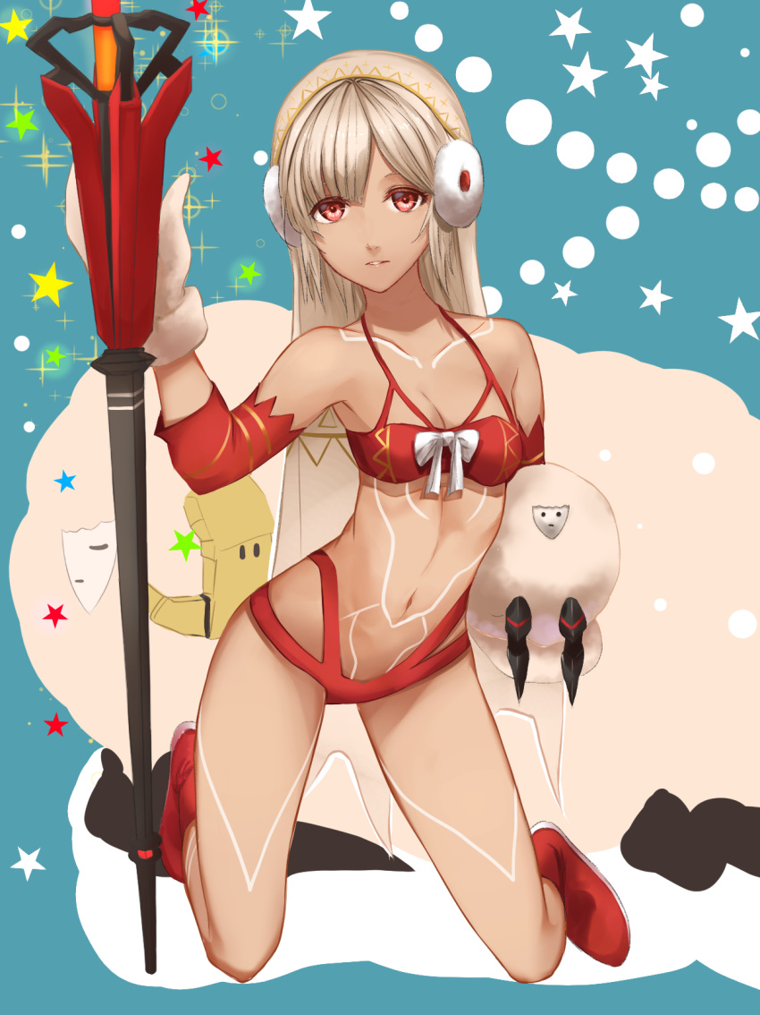 1girl altera_(fate) altera_the_santa animal bare_legs bare_shoulders boots breasts cleavage collarbone dark_skin detached_sleeves earmuffs fate/grand_order fate_(series) full_body full_body_tattoo gloves headdress herigaru_(fvgyvr000) highres hips holding holding_animal holding_weapon leg_tattoo looking_at_viewer midriff navel parted_lips photon_ray red_eyes sheep short_hair small_breasts solo stomach_tattoo tagme tan tattoo thighs weapon white_hair