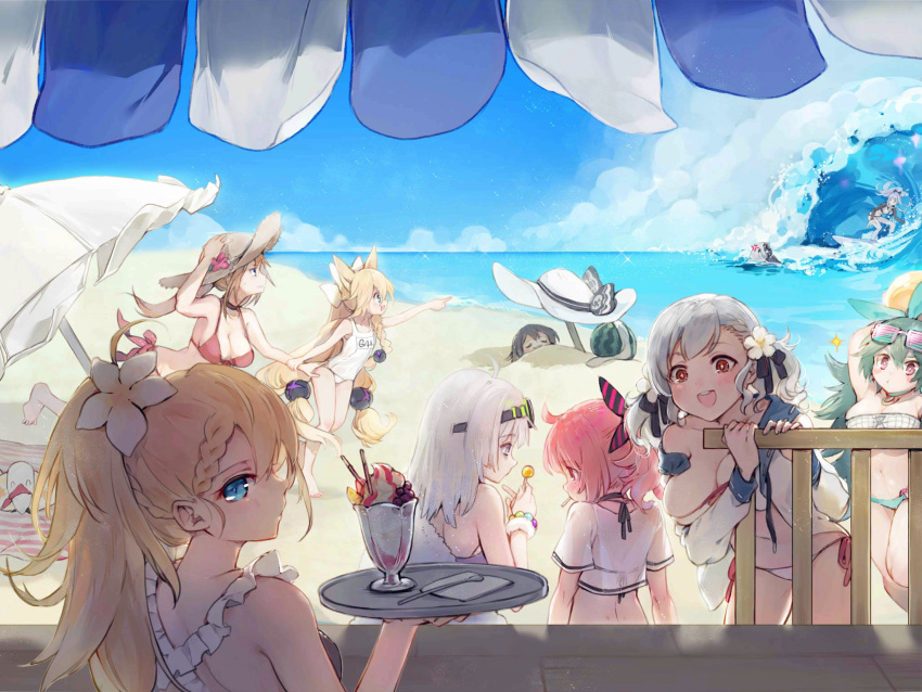 6+girls aa-12_(girls_frontline) ahoge alternate_costume alternate_hairstyle an-94_(girls_frontline) anger_vein animal_ears bags_under_eyes bangs beach beach_umbrella bikini blonde_hair blue_eyes blue_sky blush bow braid breasts brown_hair candy cetme_ameli_(girls_frontline) choker cleavage closed_mouth clouds collarbone day diving_suit eyebrows_visible_through_hair fal_(girls_frontline) ferret flower food fruit full_body g36_(girls_frontline) g41_(girls_frontline) girls_frontline green_hair hair_between_eyes hair_bow hair_flower hair_ornament hair_ribbon hairband hairclip hat hat_ribbon highres ice_cream large_breasts lollipop long_hair looking_at_viewer low_twintails maid_bikini medium_breasts mp7_(girls_frontline) multiple_girls navel ocean official_art one-piece_swimsuit open_clothes open_mouth outdoors p38_(girls_frontline) parted_lips pink_hair ponytail red_eyes ribbon school_swimsuit shuzi side_braid sidelocks silver_hair skindentation sky small_breasts smile spas-12_(girls_frontline) spoon star star-shaped_pupils sun_hat sundae surfboard surfing sweatdrop swimsuit symbol-shaped_pupils twintails umbrella upper_teeth very_long_hair watermelon waves white_hat white_swimsuit yellow_eyes