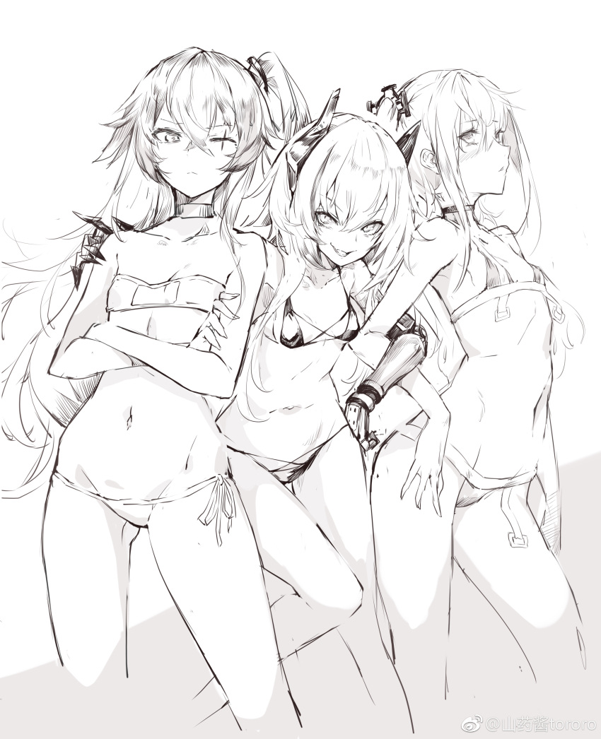 3girls absurdres bikini blush breasts choker contrapposto cowboy_shot crossed_arms eyebrows_visible_through_hair eyepatch_bikini fang flat_chest from_side girls_frontline gluteal_fold greyscale hair_between_eyes hand_on_another's_shoulder hand_on_hip headgear highres locked_arms long_hair m4_sopmod_ii_(girls_frontline) monochrome multiple_girls navel one_eye_closed one_side_up parted_lips prosthesis prosthetic_arm scar scar_across_eye shanyao_jiang_tororo side-tie_bikini sidelocks simple_background small_breasts st_ar-15_(girls_frontline) string_bikini swimsuit ump45_(girls_frontline)