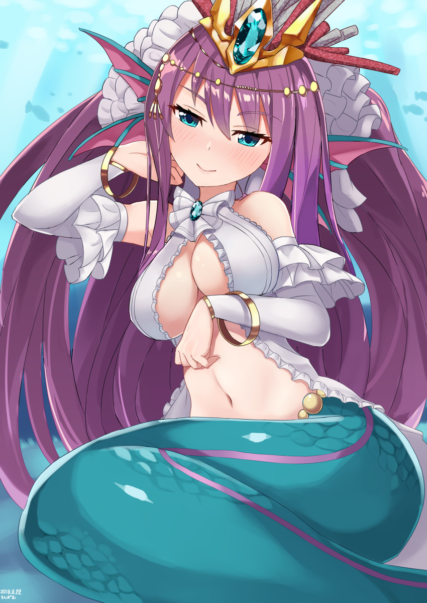 1girl absurdres animal_ears bare_shoulders big_hair blue_background blue_eyes blush bracelet breasts circlet closed_mouth commentary_request crown detached_sleeves dress hand_up head_fins highres jewelry large_breasts long_hair long_sleeves looking_at_viewer mermaid monster_girl navel open_clothes open_dress purple_hair puzzle_&amp;_dragons siren_(p&amp;d) sitting smile solo tinpam white_dress