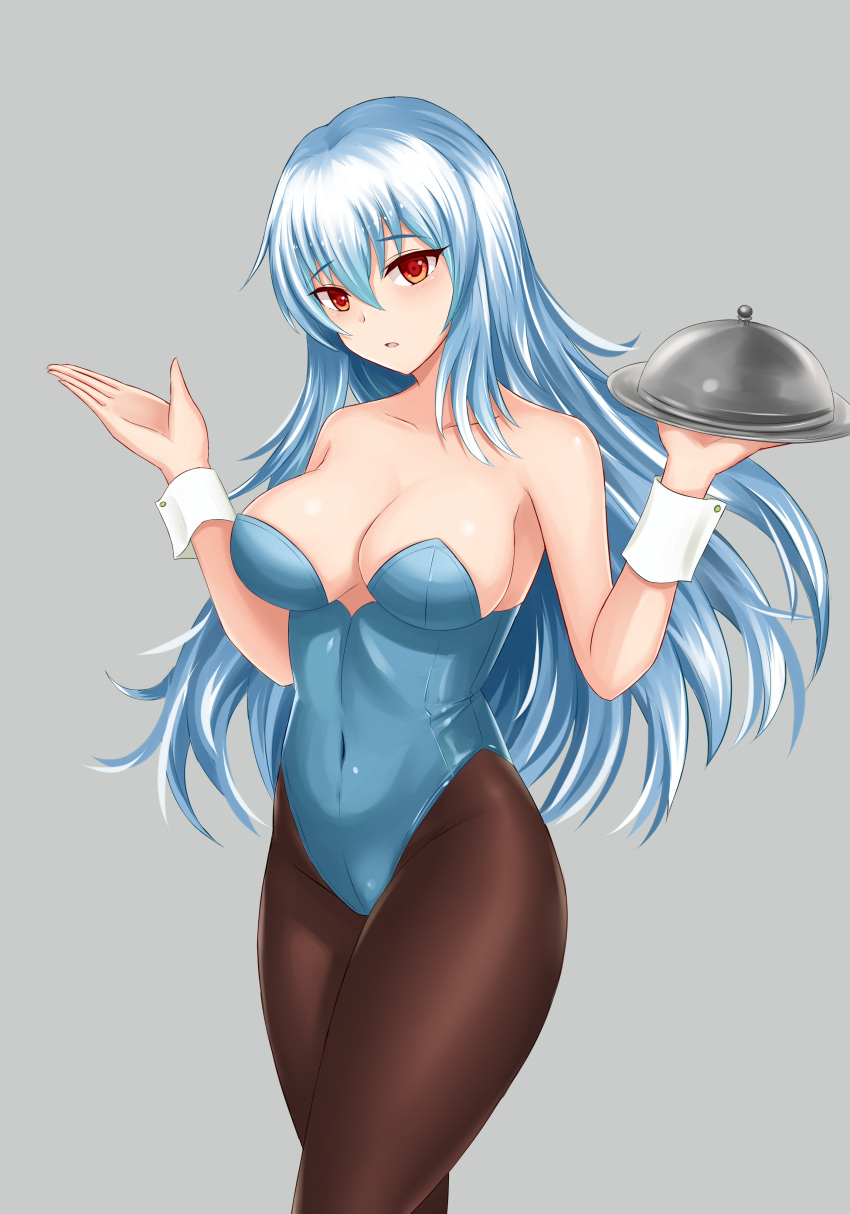 1girl absurdres alternate_costume bangs bare_arms bare_shoulders blue_hair blush breasts brown_legwear cleavage collarbone commentary_request covered_navel cowboy_shot eyebrows_visible_through_hair grey_background hair_between_eyes hands_up head_tilt highres holding holding_plate kamishirasawa_keine large_breasts leotard long_hair looking_at_viewer no_hat no_headwear pantyhose parted_lips plate playboy_bunny_leotard red_eyes shiny shiny_skin simple_background solo standing thighs touhou wrist_cuffs wuwusan