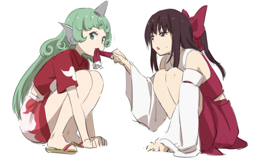 2girls bangs bare_shoulders bow brown_eyes brown_hair cloud_print collared_shirt curly_hair detached_sleeves eyebrows_visible_through_hair frilled_hair_tubes frills green_eyes green_hair hair_bow hair_tubes hair_tubes_removed hakurei_reimu horn in_mouth kariyushi_shirt komano_aun leon_(mikiri_hassha) long_hair looking_at_another looking_at_viewer multiple_girls nontraditional_miko red_bow red_skirt sandals shirt short_sleeves simple_background skirt sleeveless sleeveless_shirt squatting sweatdrop touhou triangle_mouth tsurime white_background