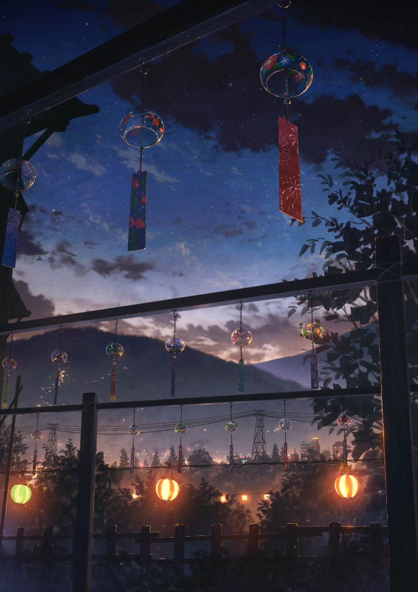 city_lights clouds cola_(gotouryouta) commentary_request fence highres hook lantern mountain night night_sky no_humans original outdoors power_lines scenery sky star_(sky) starry_sky town transmission_tower tree wind_chime wooden_fence