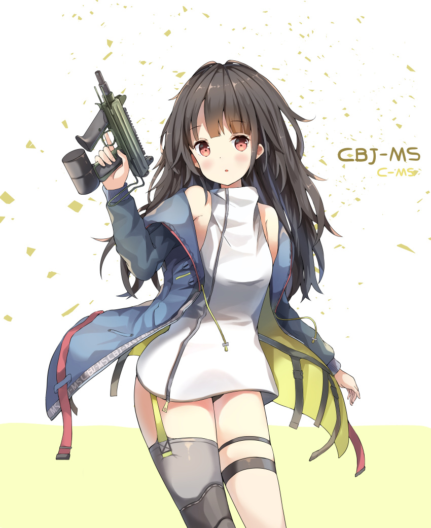 1girl :o absurdres asymmetrical_legwear bangs bare_shoulders black_panties blue_jacket blush brown_hair c-ms_(girls_frontline) commentary dress eyebrows_visible_through_hair garter_straps girls_frontline grey_legwear gun hand_up head_tilt highres holding holding_gun holding_weapon hood hood_down hooded_jacket jacket long_hair long_sleeves looking_at_viewer object_namesake off_shoulder open_clothes open_jacket panties parted_lips red_eyes short_dress single_thighhigh skindentation sleeveless sleeveless_dress sobmarine solo thigh-highs thigh_strap underwear very_long_hair weapon weapon_request white_dress