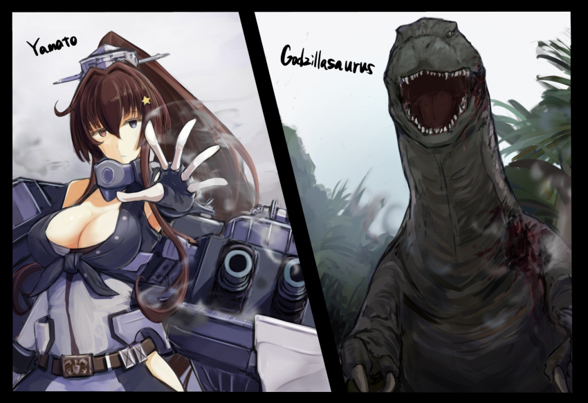 1girl breasts brown_hair dinosaur eyebrows_visible_through_hair forest grey_eyes gun hair_between_eyes highres iowa_(kantai_collection) kantai_collection large_breasts long_hair mizuchi_(mizuchi7118) multicolored multicolored_eyes nature palm_tree red_eyes smoke star tree turret weapon yamato_(kantai_collection)