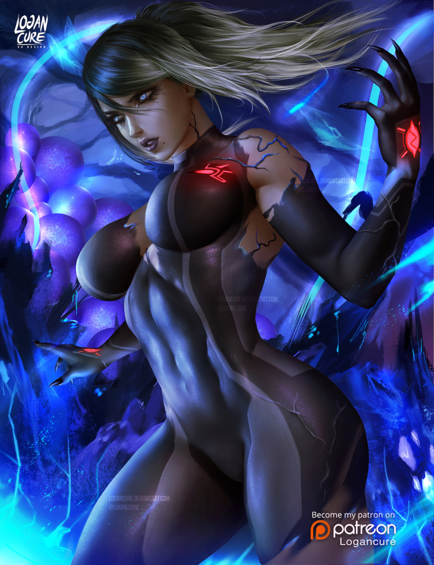 1girl artist_name bangs bare_shoulders black_bodysuit black_hair black_nails blonde_hair blue_eyes bodysuit breasts commentary covered_navel cowboy_shot dark_samus evil eyeshadow fingernails glowing gradient_hair groin hair_between_eyes hand_up highres large_breasts light_particles logan_cure long_fingernails long_hair looking_away makeup metroid metroid_prime multicolored_hair nail_polish navel parted_lips ponytail purple_lips samus_aran sharp_fingernails sidelocks skin_tight smile solo space super_smash_bros. super_smash_bros_ultimate swept_bangs veins watermark web_address