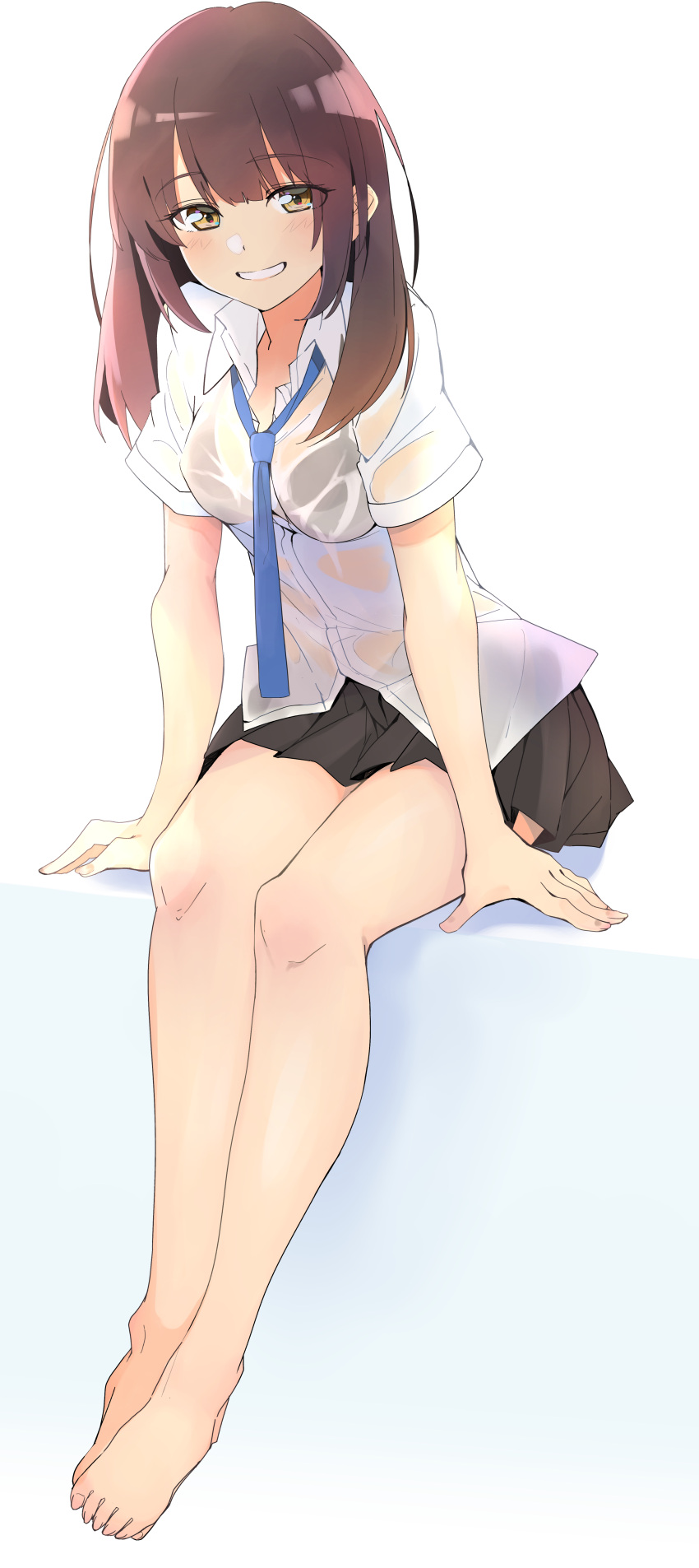 1girl absurdres bangs bare_legs barefoot black_bra black_skirt blue_neckwear blush bra breasts brown_eyes brown_hair collared_shirt commentary_request eyebrows_visible_through_hair eyes_visible_through_hair full_body grin highres kazenoko leaning_forward legs_together long_hair looking_at_viewer medium_breasts necktie original parted_lips pleated pleated_skirt school_uniform see-through shirt short_sleeves sitting skirt smile solo underwear wet wet_clothes white_shirt