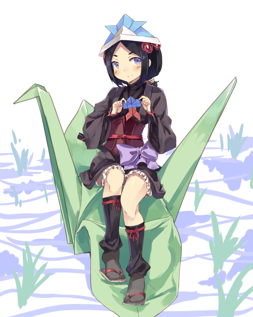 1girl absurdres black_hair black_legwear flower hair_flower hair_ornament highres japanese_clothes looking_at_viewer low_ponytail normaland origami princess_principal sandals sash short_hair sitting sleeveless smile solo tabi toudou_chise violet_eyes