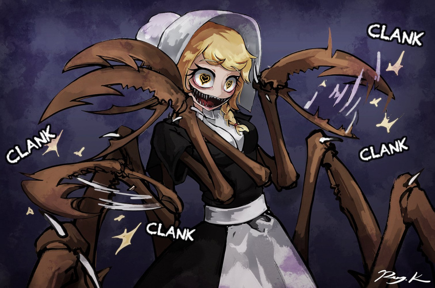 1girl :d apron black_dress blonde_hair bonnet braid claws commentary_request dress extra_arms eyebrows_visible_through_hair heart heart-shaped_pupils looking_at_viewer maid maid_apron medium_hair monster monster_girl onomatopoeia open_mouth original pincers puffy_short_sleeves puffy_sleeves ray-k sharp_teeth short_sleeves smile solo standing symbol-shaped_pupils teeth waist_apron white_apron