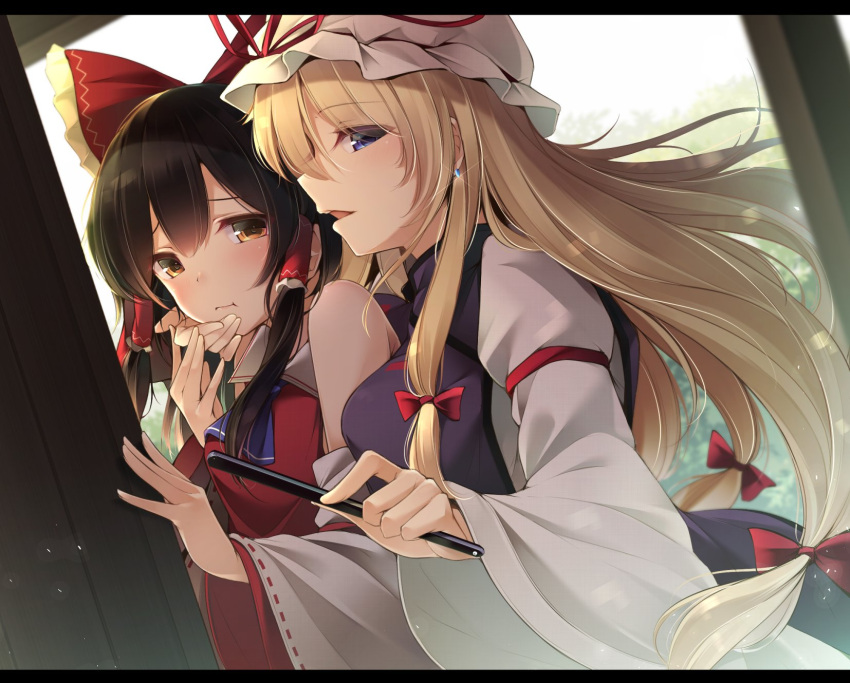 2girls :t ascot bangs bare_shoulders black_hair blue_neckwear blush bow breasts brown_eyes commentary_request detached_sleeves dress dutch_angle eyebrows_visible_through_hair fan folding_fan hair_between_eyes hair_bow hair_tubes hakurei_reimu hand_on_another's_chin hat highres holding holding_fan juliet_sleeves letterboxed long_hair long_sleeves looking_at_viewer medium_breasts mob_cap multiple_girls open_mouth profile puffy_sleeves red_bow ribbon-trimmed_sleeves ribbon_trim sidelocks single_sidelock tabard touhou toyosaki_shu upper_body white_dress white_hat wide_sleeves yakumo_yukari you_gonna_get_raped yuri
