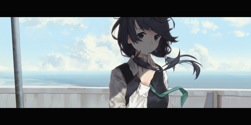 1girl :/ black_eyes black_hair black_vest blush closed_mouth clouds cloudy_sky collared_shirt commentary day floating_hair gh_(chen_ghh) green_neckwear hand_up highres letterboxed long_hair long_sleeves low_twintails necktie outdoors shirobako shirt sky solo twintails upper_body vest white_shirt wind wing_collar yasuhara_ema