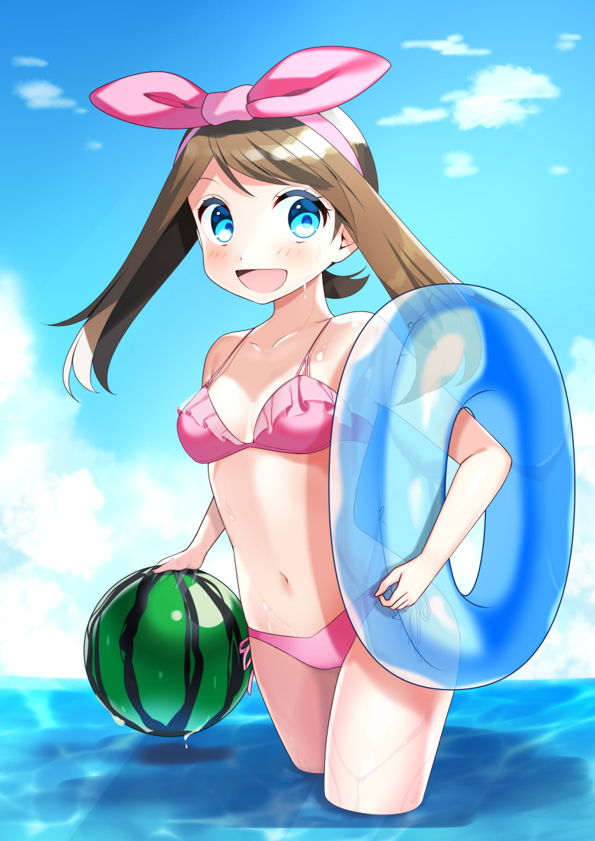 1girl :d absurdres bangs bikini blue_eyes blue_sky blush bow breasts brown_hair cleavage clouds collarbone creatures_(company) day food fruit game_freak hair_bow hairband haruka_(pokemon) highres innertube long_hair looking_at_viewer navel nintendo open_mouth outdoors parted_bangs pink_bikini pink_bow pink_hairband pokemon pokemon_(game) pokemon_rse shiny shiny_hair shiny_skin side-tie_bikini sky small_breasts smile solo standing swimsuit transparent twintails wading watermelon wet yuihiko