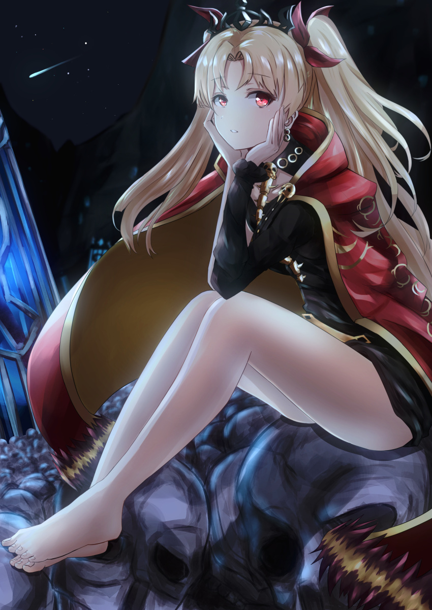 1girl absurdres bangs bare_legs black_dress blonde_hair bow cape commentary_request dress earrings ereshkigal_(fate/grand_order) eyebrows_visible_through_hair fate/grand_order fate_(series) hair_bow highres jewelry ka1se1 long_hair looking_at_viewer parted_bangs red_bow red_cape red_eyes shooting_star single_sleeve sitting solo tiara