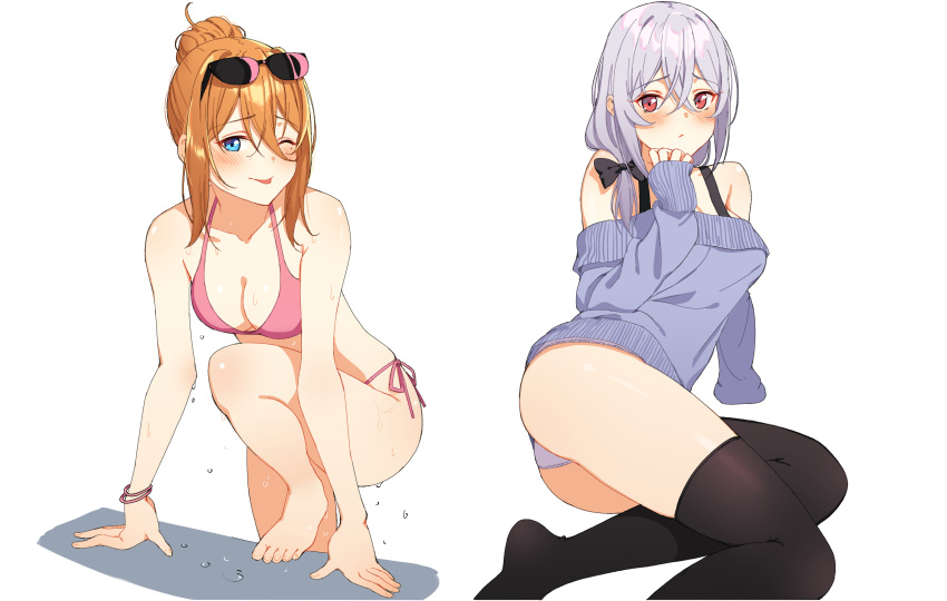 2girls absurdres bare_legs bare_shoulders barefoot bikini blue_eyes blue_sweater blush breasts cleavage dripping eyebrows_visible_through_hair eyewear_on_head folded_ponytail full_body hair_between_eyes hair_over_shoulder highres icarus_(632247131) long_hair looking_at_viewer low_ponytail medium_breasts midriff multiple_girls off-shoulder_sweater one_eye_closed orange_hair original parted_lips pink_bikini red_eyes short_hair side-tie_bikini silver_hair simple_background sitting soles sunglasses sweater swimsuit thigh-highs thighs wet wet_clothes