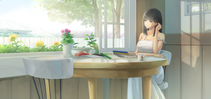 1girl book_stack breasts chair cleavage cup day dress facing_viewer highres indoors kikivi large_breasts long_hair open_window original plant potted_plant sitting solo strap_slip table white_dress window window_box