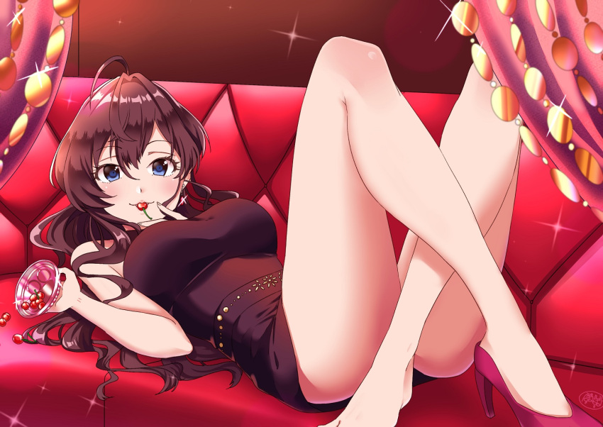 1girl ahoge barefoot black_dress blue_eyes breasts brown_hair cherry commentary_request couch cup curtains dress eating food food_in_mouth fruit high_heels ichinose_shiki idolmaster idolmaster_cinderella_girls idolmaster_cinderella_girls_starlight_stage large_breasts long_hair lying mikojin_(pixiv2713884) on_back on_couch red_footwear shoes short_dress single_shoe sleeveless sleeveless_dress solo sparkle thighs