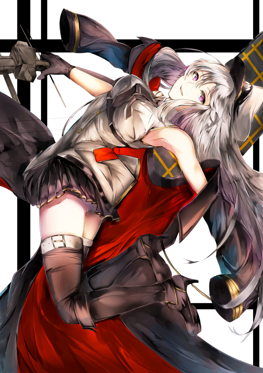 1girl armpits ass azur_lane bangs bare_shoulders belt black_footwear black_legwear black_neckwear blush boots bow_(weapon) breasts buttons coat coat_removed collared_shirt compound_bow enterprise_(azur_lane) eyebrows_visible_through_hair flight_deck floating hat highres holding holding_bow_(weapon) holding_weapon knee_boots large_breasts long_hair looking_at_viewer machinery miniskirt necktie otsunabe_(naabe_delta) panties peaked_cap pleated_skirt rigging shirt silver_hair skindentation skirt sleeveless sleeveless_shirt smile solo thigh-highs thighs underwear very_long_hair violet_eyes weapon white_panties white_shirt wing_collar