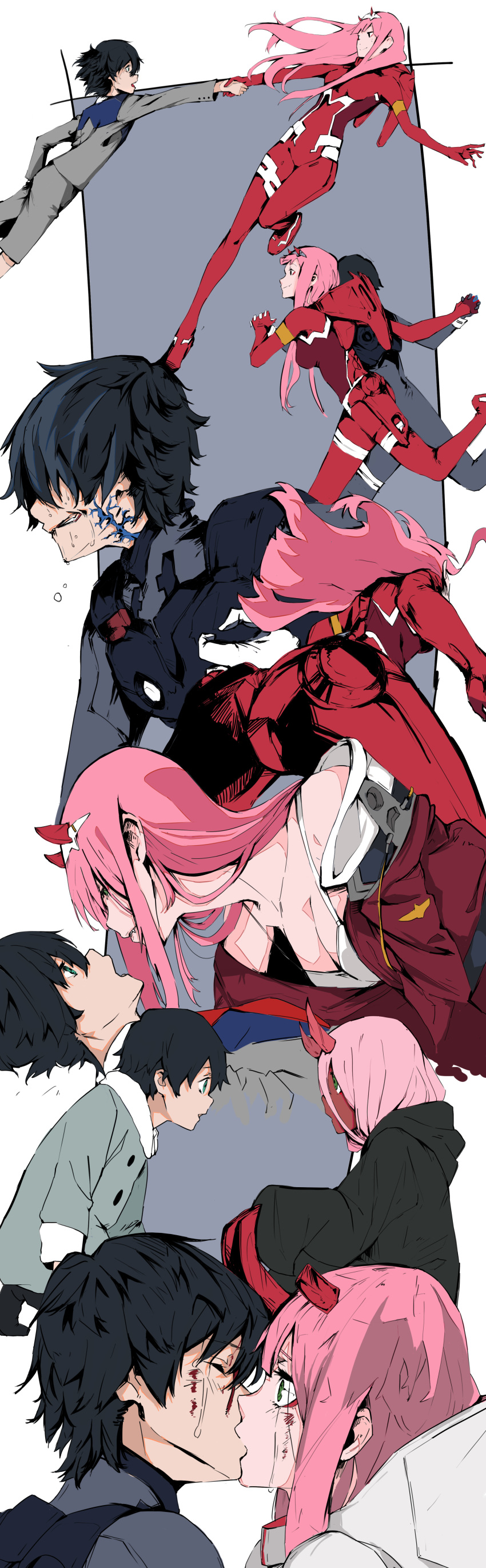 1boy 1girl absurdres ass asymmetrical_horns black_cloak black_hair cloak commentary_request couple darling_in_the_franxx face-to-face grey_coat hairband hetero highres hiro_(darling_in_the_franxx) hood hooded_cloak horns kiss long_hair looking_at_another oni_horns pilot_suit pink_hair red_horns red_skin revision touwaki14 white_hairband younger zero_two_(darling_in_the_franxx)