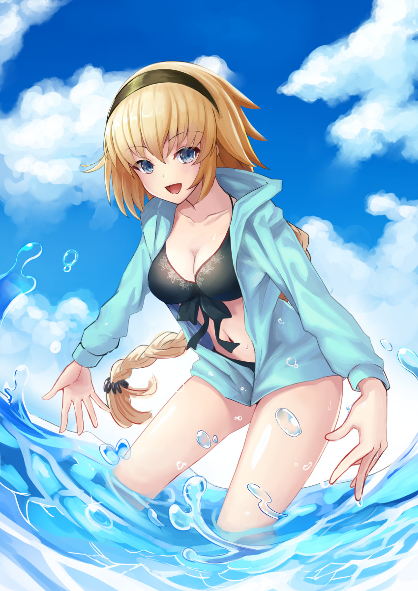1girl :d absurdres bangs bikini black_bikini black_hairband black_ribbon blonde_hair blue_eyes blue_jacket blue_sky blunt_bangs braid breasts cleavage collarbone day eyebrows_visible_through_hair fate/grand_order fate_(series) hair_between_eyes hair_ornament hairband highres jacket jeanne_d'arc_(fate)_(all) jeanne_d'arc_(swimsuit_archer) leaning_forward long_hair looking_at_viewer navel open_clothes open_jacket open_mouth outdoors outstretched_arms ribbon shinori_(efvbji6264) single_braid sky smile solo swimsuit very_long_hair wading water