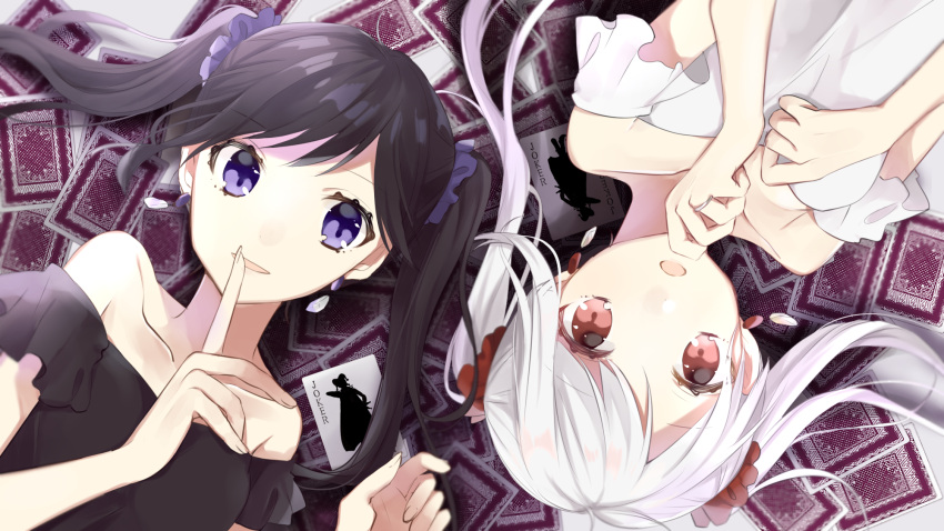 2girls bare_shoulders black_hair black_shirt breasts card collarbone commentary_request fingernails hachimitsu_honey hair_ornament hair_scrunchie hands_up highres index_finger_raised jewelry joker long_hair medium_breasts multiple_girls off-shoulder_shirt original parted_lips playing_card purple_scrunchie red_eyes red_scrunchie ring scrunchie shirt silver_hair smile twintails violet_eyes white_shirt