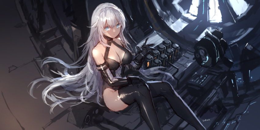 1girl black_gloves black_heart black_legwear blue_eyes breasts bright_pupils cleavage cleavage_cutout elbow_gloves gloves highres indoors large_breasts leotard long_hair looking_at_viewer machinery neptune_(series) outstretched_hand silver_hair sitting sketch solo swd3e2 thigh-highs very_long_hair white_pupils