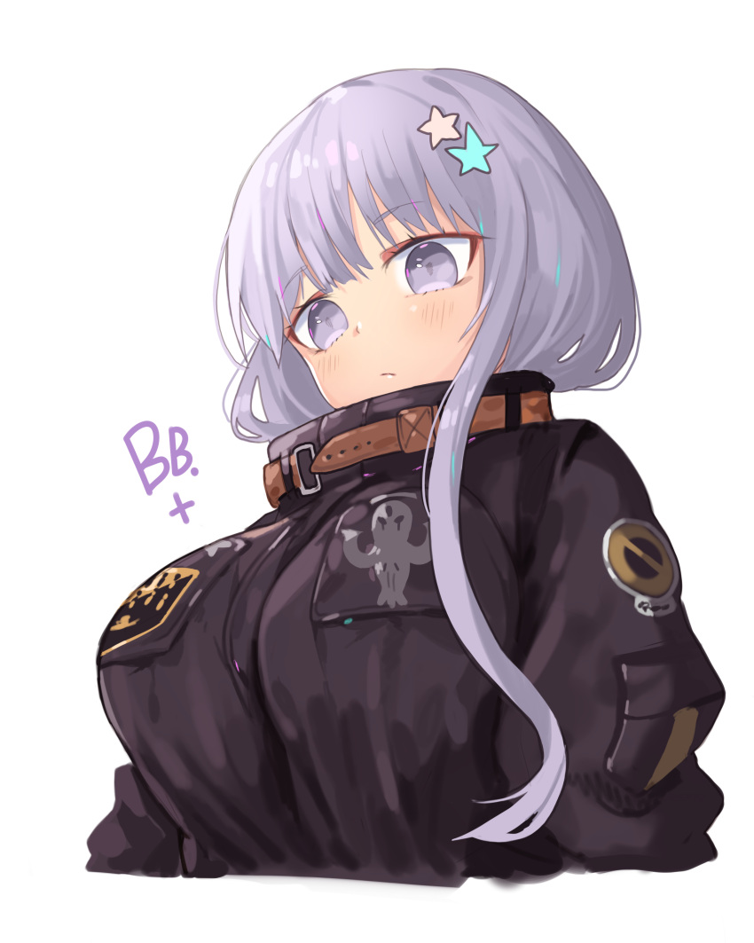 1girl abigail_williams_(fate/grand_order) abigail_williams_(fate/grand_order)_(cosplay) absurdres bangs bb_(fate)_(all) bb_(fate/extra_ccc) black_jacket blush breasts character_name closed_mouth commentary cosplay eyebrows_visible_through_hair fate/extra fate/extra_ccc fate/grand_order fate_(series) hair_between_eyes hair_ornament head_tilt heroic_spirit_traveling_outfit highres huyou_(awegk) jacket large_breasts long_hair purple_hair simple_background solo star star_hair_ornament violet_eyes white_background