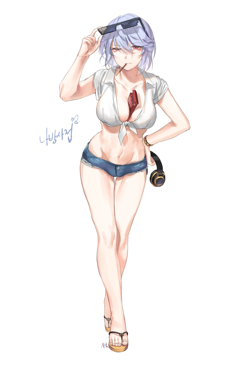 1girl adjusting_eyewear bare_legs between_breasts blue_hair box breasts cleavage clenched_teeth collarbone commentary_request crop_top deal_with_it denim denim_shorts eyebrows_visible_through_hair eyewear_on_head food food_in_mouth front-tie_top full_body girls_frontline groin hair_between_eyes hand_on_hip hand_up headphones highres holding_headphones korean korean_commentary large_breasts looking_at_viewer midriff mouth_hold navel pocky red_eyes sandals shan shirt short_hair short_shorts short_sleeves shorts signature simple_background solo standing stomach sunglasses teeth thighs thompson_submachine_gun_(girls_frontline) tied_shirt translation_request uneven_eyes v-shaped_eyebrows white_background white_shirt wing_collar wristband yellow_footwear