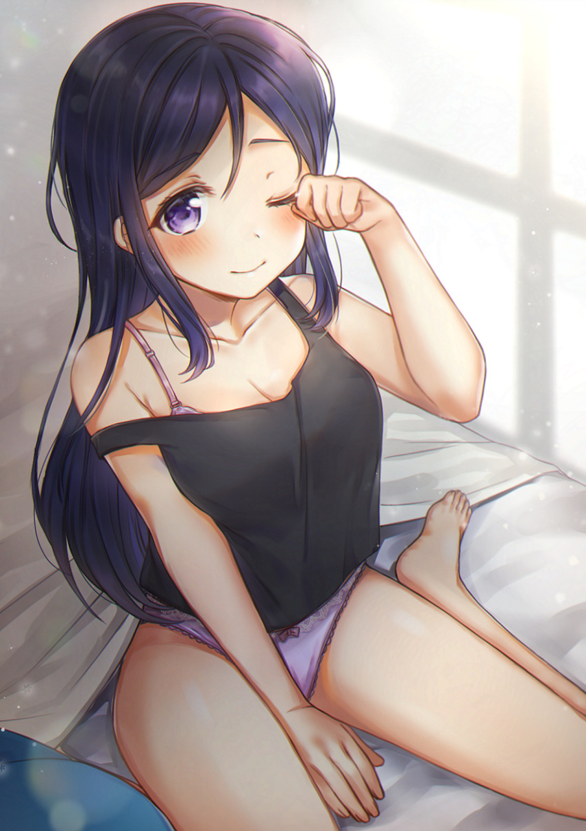 1girl ;) barefoot bed bed_sheet black_tank_top blue_hair blush bra_strap breasts cleavage commentary eyebrows_visible_through_hair hair_between_eyes hair_down highres indoors lace lace-trimmed_panties lens_flare lens_flare_abuse long_hair looking_at_viewer love_live! love_live!_sunshine!! matsuura_kanan mkzk_nagi on_bed one_eye_closed panties purple_panties rubbing_eyes sitting sitting_on_bed sleeveless smile solo strap_slip thighs underwear violet_eyes waking_up wariza window