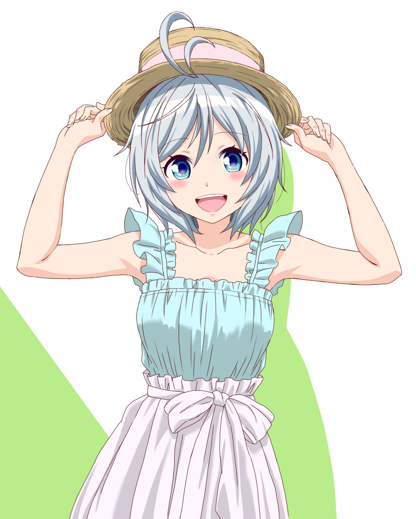 1girl :d absurdres alternate_costume antenna_hair armpits arms_up bare_arms bare_shoulders blue_eyes blush casual collarbone commentary_request dennou_shoujo_youtuber_shiro fedora fuusuke_(fusuke208) hands_on_headwear hat high-waist_skirt highres looking_at_viewer open_mouth ribbon shiny shiny_hair shiro_(dennou_shoujo_youtuber_shiro) short_hair skirt sleeveless smile solo two-tone_background upper_body upper_teeth virtual_youtuber white_hair white_ribbon white_skirt