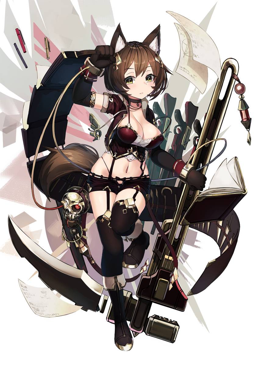 1girl animal_ears arm_up black_footwear black_gloves black_legwear book boots breasts brown_hair cleavage closed_mouth commentary crop_top cropped_jacket dog_ears dog_girl dog_tail elbow_gloves garter_straps gloves gun head_tilt highres holding jacket knee_boots large_breasts mecha_musume midriff natori_youkai navel open_book original pencil red_jacket red_shorts scythe short_hair short_shorts short_sleeves shorts solo standing standing_on_one_leg tail thigh-highs thighhighs_under_boots weapon yellow_eyes