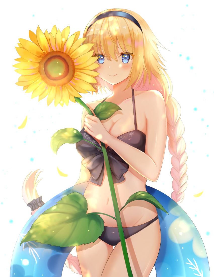 1girl bikini black_bikini black_bow black_hairband blonde_hair blue blush bow braid breasts cleavage cowboy_shot cute eyebrows_visible_through_hair eyes fate/apocrypha fate/grand_order fate_(series) floating_hair flower groin hair_between_eyes hairband highres holding holding_flower innertube jeanne_d'arc_(fate)_(all) jeanne_d'arc_(swimsuit_archer) large_breasts long_hair nasii navel simple_background single_braid smile solo standing sunflower swimsuit very_long_hair white_background yellow_flower