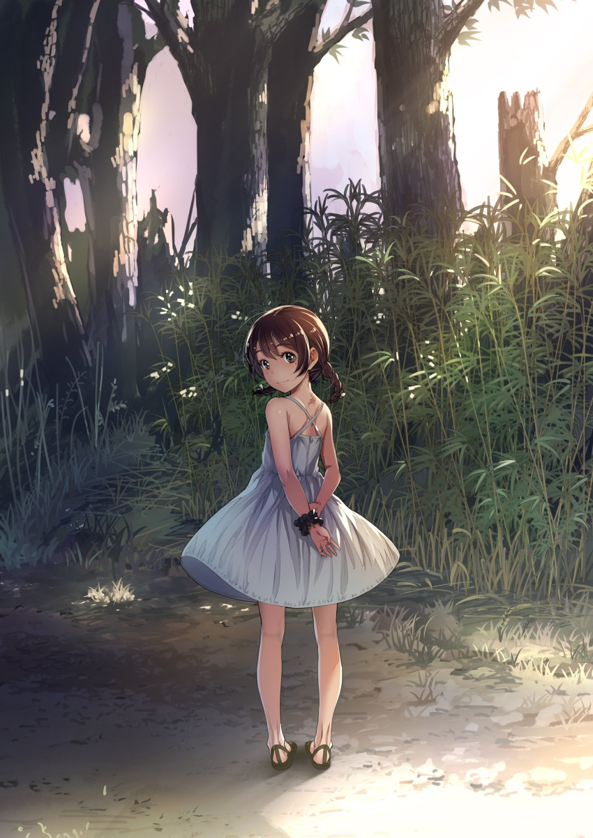 1girl back black_scrunchie braid brown_eyes brown_hair commentary dress full_body highres looking_at_viewer original outdoors sandals scrunchie sody solo standing sundress tree twin_braids wrist_scrunchie