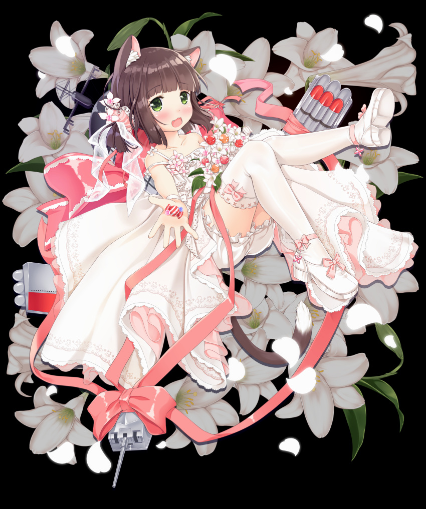 1girl :3 :d absurdres alternate_costume animal_ears azur_lane bangs bare_arms bare_shoulders black_background bloomers blush bouquet bow brown_hair candy candy_wrapper cannon cat_ears commentary_request dress eyebrows_visible_through_hair fang flower food green_eyes highres holding_candy ifnil legs_up lollipop looking_at_viewer mutsuki_(azur_lane) open_mouth petals pink_bow shoes simple_background sleeveless sleeveless_dress smile solo thigh-highs turret twintails underwear white_bloomers white_dress white_flower white_footwear white_legwear