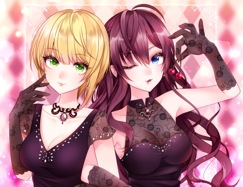 2girls ahoge black_dress blonde_hair blue_eyes breasts brown_hair cherry cleavage commentary dress eyelashes fishnet_gloves fishnets food fruit gloves green_eyes ichinose_shiki idolmaster idolmaster_cinderella_girls idolmaster_cinderella_girls_starlight_stage jewelry large_breasts light_smile locked_arms long_hair looking_at_viewer miyamoto_frederica multiple_girls necklace one_eye_closed pendant see-through short_hair sleeveless sleeveless_dress stenciled_rose wakatsuki_you wavy_hair