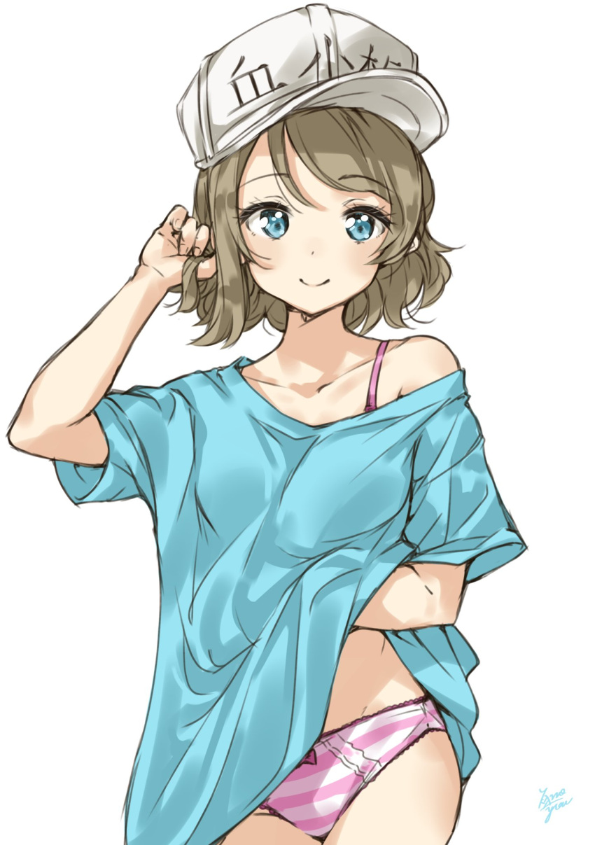 1girl blue_eyes blue_shirt bow bow_panties bra_strap brown_hair commentary_request cosplay cowboy_shot eyebrows_visible_through_hair hand_in_hair hand_under_clothes hand_under_shirt hat hat_writing hataraku_saibou highres looking_at_viewer love_live! love_live!_sunshine!! off_shoulder panties pink_panties platelet_(hataraku_saibou) platelet_(hataraku_saibou)_(cosplay) shirt short_hair signature simple_background smile solo striped striped_panties takenoko_no_you underwear watanabe_you white_background white_hat