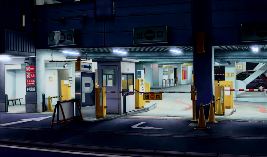 bench car directional_arrow elevator ground_vehicle kurumaori motor_vehicle night no_entry_sign no_humans original outdoors parking_garage scenery security_camera sign translation_request