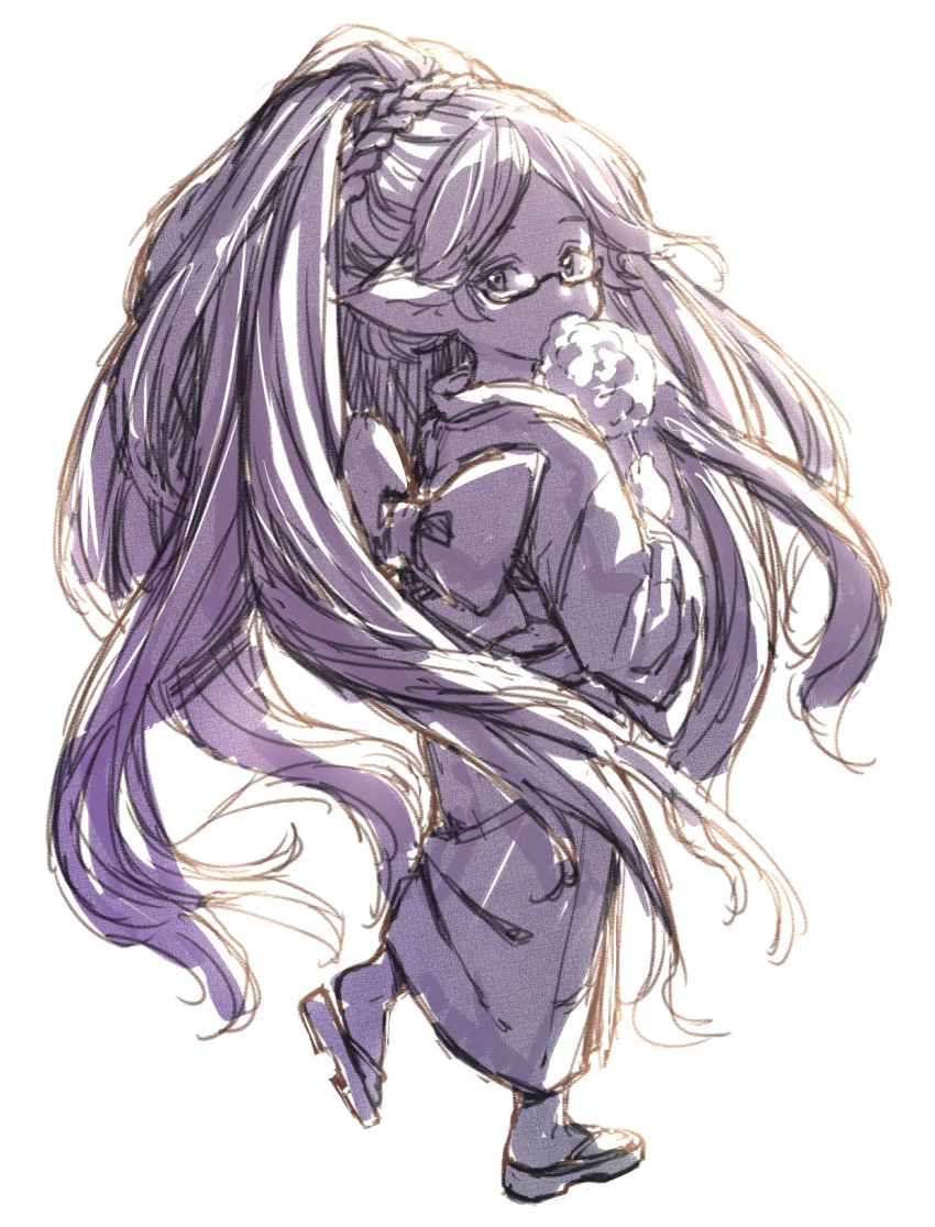1girl absurdly_long_hair big_hair cotton_candy full_body glasses granblue_fantasy harvin highres japanese_clothes long_hair looking_at_viewer looking_back pointy_ears sandals simple_background sketch solo standing toriudonda very_long_hair white_background zahlhamelina