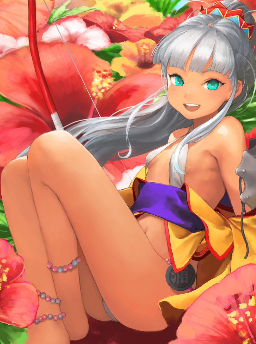 1girl anklet aqua_eyes bangs barefoot bow_(weapon) breasts commentary_request dark_skin flower highres jewelry long_hair minigirl navel obi oshiro_project oshiro_project_re ponytail reclining sara_manta sash silver_hair small_breasts solo urasoe_(oshiro_project) weapon