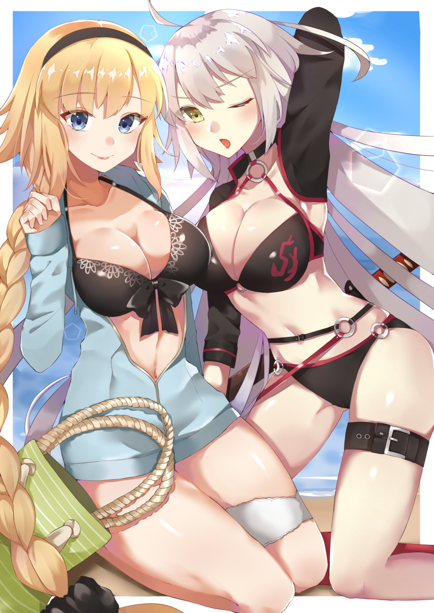 2girls :o absurdres ahoge bag bikini black_bikini blonde_hair blue_eyes blue_hoodie blush braid breasts cleavage fate/grand_order fate_(series) hairband highres hood hood_down hoodie itoi_toi jeanne_d'arc_(alter_swimsuit_berserker) jeanne_d'arc_(fate)_(all) jeanne_d'arc_(swimsuit_archer) katana kneeling large_breasts long_braid long_hair looking_at_viewer multiple_girls o-ring o-ring_bikini one_eye_closed open_clothes open_hoodie silver_hair single_braid smile swimsuit sword thigh_strap very_long_hair weapon yellow_eyes