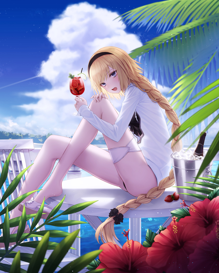 1girl absurdres bangs bikini bikini_under_clothes black_bikini blonde_hair blue_eyes bottle braid cecil86 cocktail cocktail_glass cup drinking_glass eyebrows_visible_through_hair fate/grand_order fate_(series) flower food fruit hand_on_own_knee hibiscus highres horizon ice ice_cube jacket jeanne_d'arc_(fate)_(all) jeanne_d'arc_(swimsuit_archer) lime_(fruit) looking_at_viewer ocean open_clothes open_jacket outdoors sandals single_braid sitting solo strawberry swimsuit thigh_strap wine_bottle