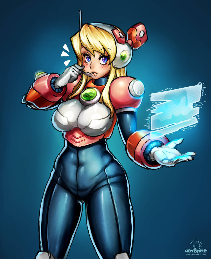 1girl absurdres alia_(rockman) android armor artist_name bangs blonde_hair blue_background blue_eyes blush bodysuit breasts covered_navel cowboy_shot eyebrows_visible_through_hair female framed_breasts gloves headgear headset highres holographic_interface hotbento large_breasts long_hair microphone robot_ears rockman rockman_x simple_background solo spandex standing white_gloves