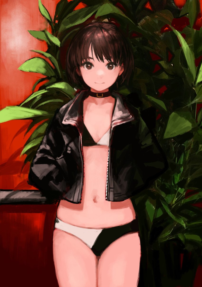 1girl bikini brown_eyes brown_hair collar facing_viewer flat_chest hands_in_pockets highres jacket leather leather_jacket long_hair navel open_clothes open_jacket original plant sara_manta short_hair solo swimsuit