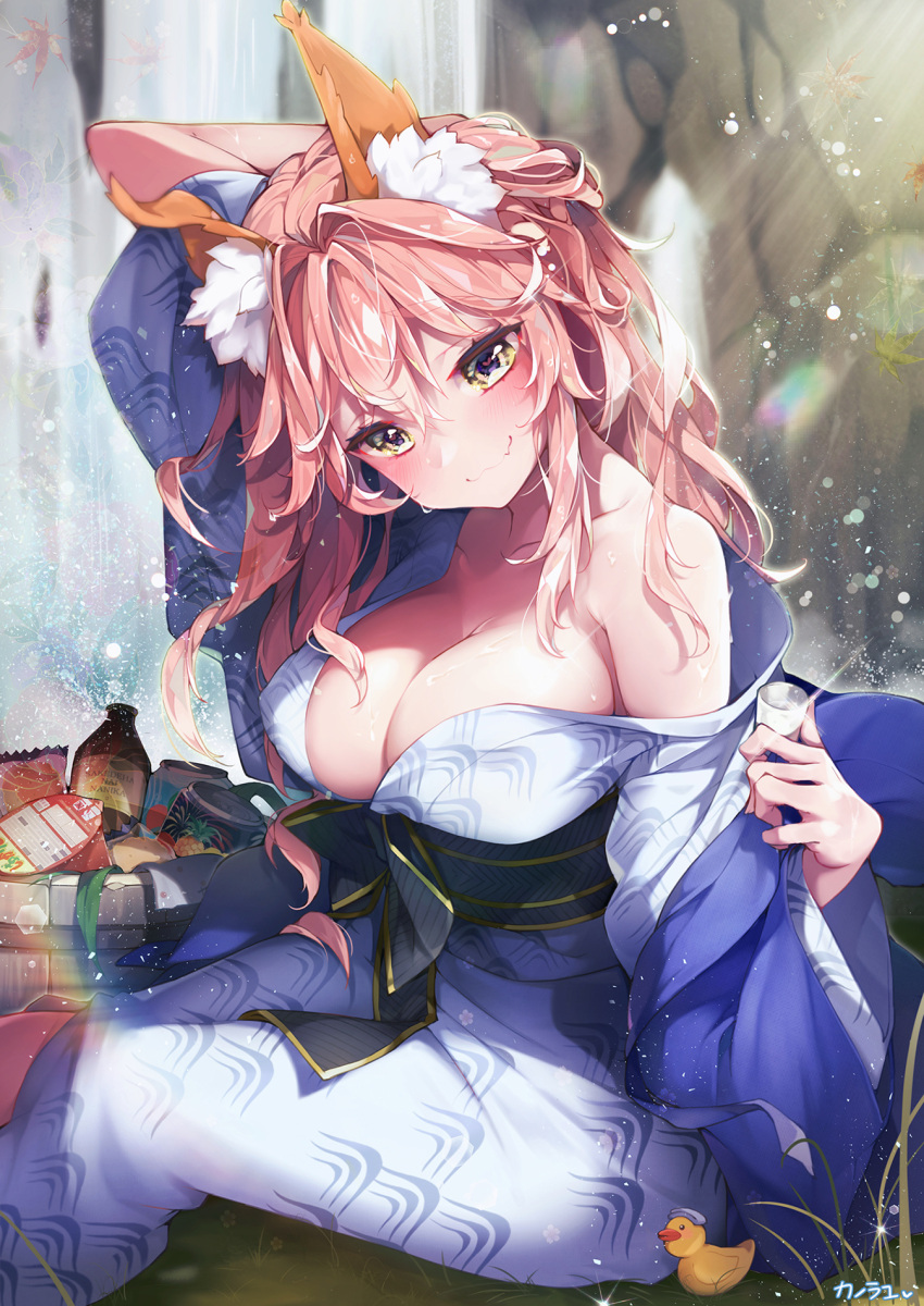 1girl animal_ear_fluff animal_ears arm_up bare_shoulders bottle breasts bucket can cleavage collarbone commentary_request covered_nipples cup drinking_glass fate/grand_order fate_(series) fox_ears head_tilt heart heart-shaped_pupils highres holding holding_cup japanese_clothes kanola_u kimono large_breasts leaf long_hair maple_leaf messy_hair nape obi off_shoulder pink_hair ramen rubber_duck sash sitting smile soda_can solo sparkle symbol-shaped_pupils tamamo_(fate)_(all) tamamo_no_mae_(fate) towel towel_on_head water waterfall wide_sleeves yellow_eyes