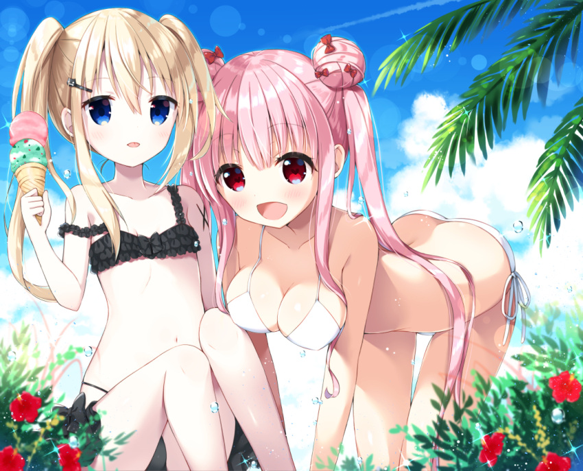 2girls :d all_fours asymmetrical_hair bangs bare_arms bare_shoulders bikini black_bikini blonde_hair blue_eyes blue_sky blush bow breasts cleavage clouds cloudy_sky commentary_request day double_bun double_scoop eyebrows_visible_through_hair flower food frilled_bikini frills hair_between_eyes hair_bow hair_ornament hairclip holding holding_food ice_cream ice_cream_cone large_breasts long_hair multiple_girls navel open_mouth original outdoors pink_hair red_bow red_eyes red_flower side-tie_bikini side_bun side_ponytail sitting sky smile strap_slip swimsuit tia-chan tongue tongue_out twintails uchuuneko very_long_hair white_bikini