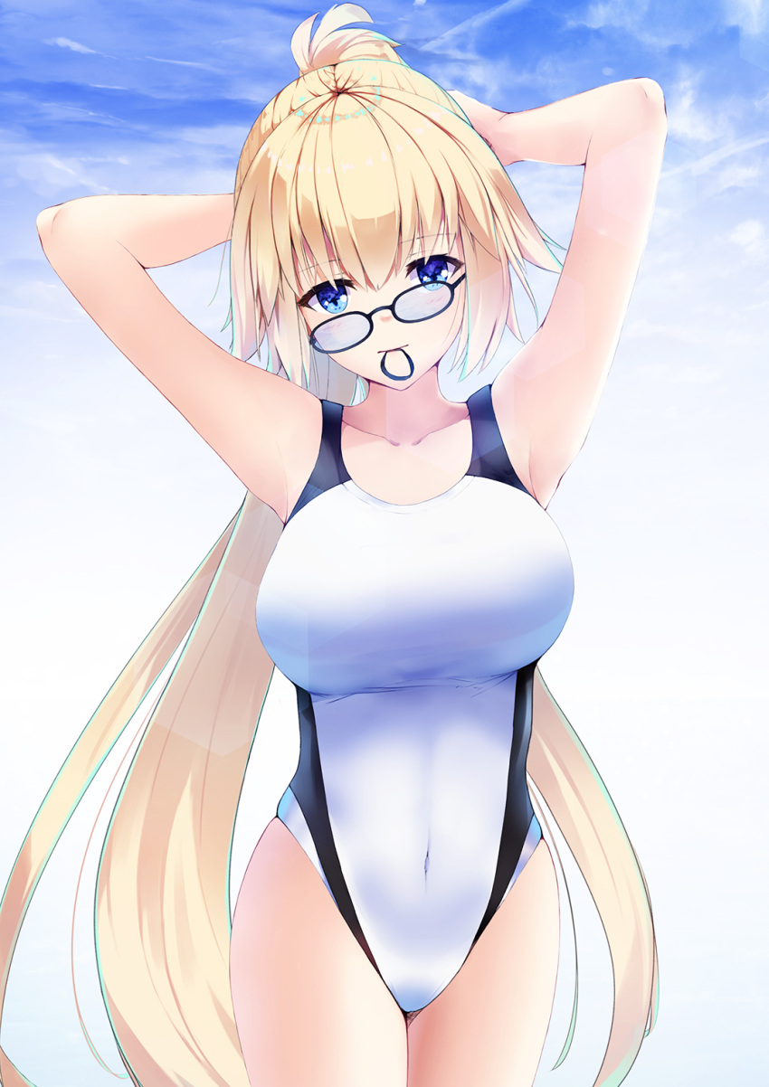 1girl adjusting_hair arms_behind_head blue_eyes breasts collarbone commentary competition_swimsuit covered_navel crooked_eyewear fate/grand_order fate_(series) glasses head_tilt highres jeanne_d'arc_(fate)_(all) jeanne_d'arc_(swimsuit_archer) large_breasts long_hair looking_at_viewer mari_(doraerin0) mouth_hold one-piece_swimsuit ponytail solo swimsuit very_long_hair white_swimsuit