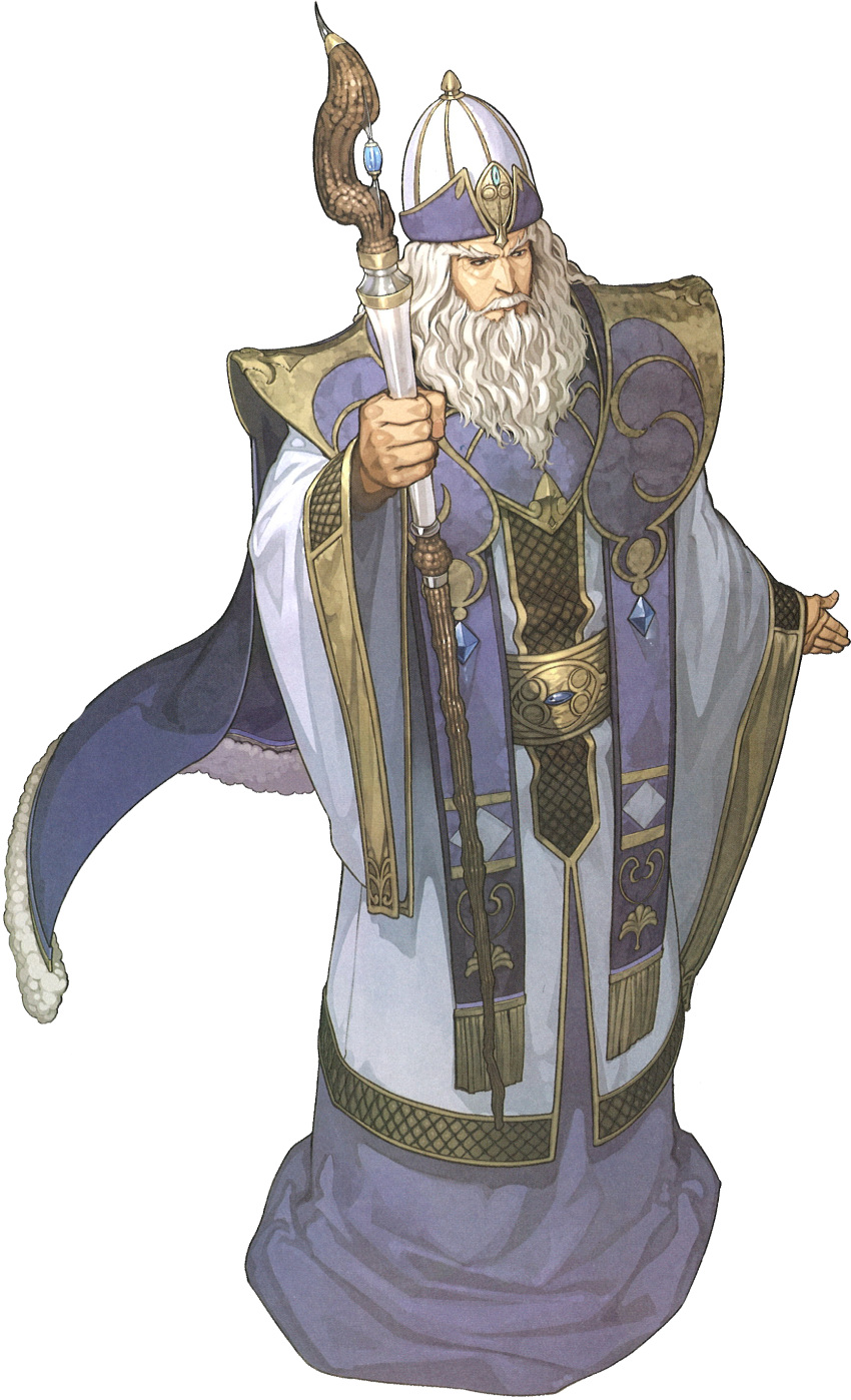 1boy absurdres beard brown_eyes cape facial_hair fire_emblem fire_emblem_echoes:_mou_hitori_no_eiyuuou full_body fur_trim hat hidari_(left_side) highres long_hair male_focus mustache nomah_(fire_emblem) official_art scan solo staff transparent_background white_hair